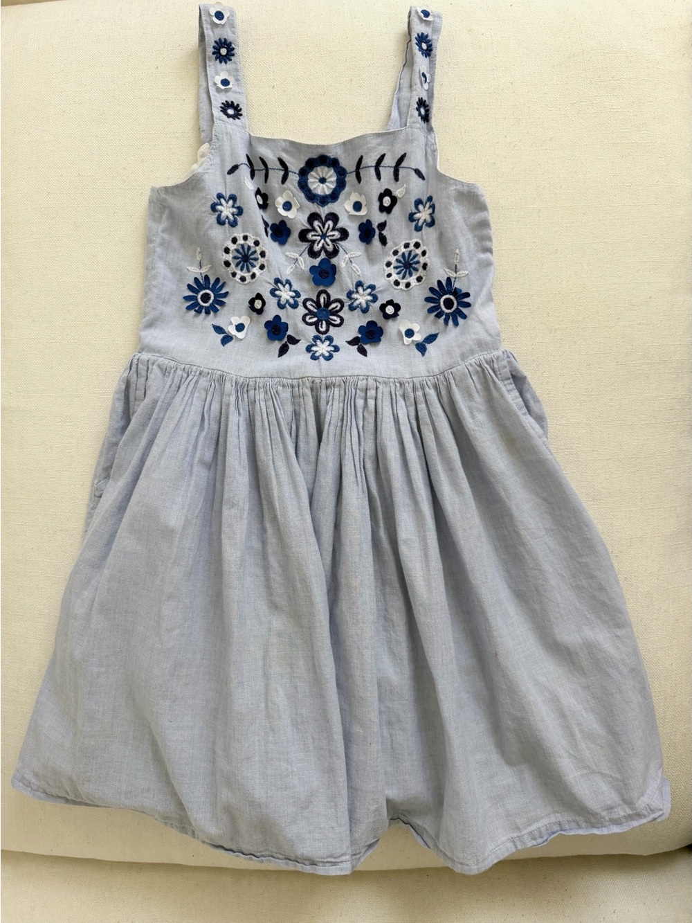 Mini Boden Light Blue Dress with Navy and White Floral Embroidery